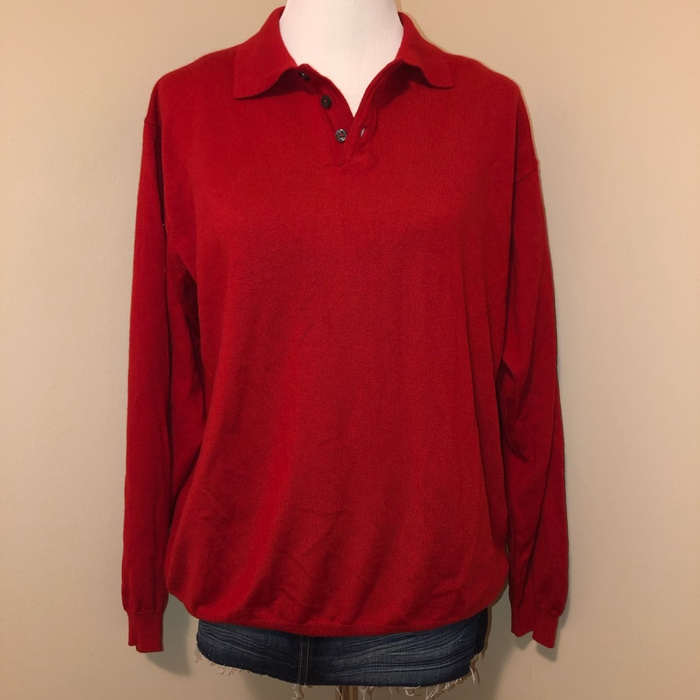 Halogen Men’s Red 1/4 Button PullOver Extra Fine 100% Merino Wool Sweater,Size-L
